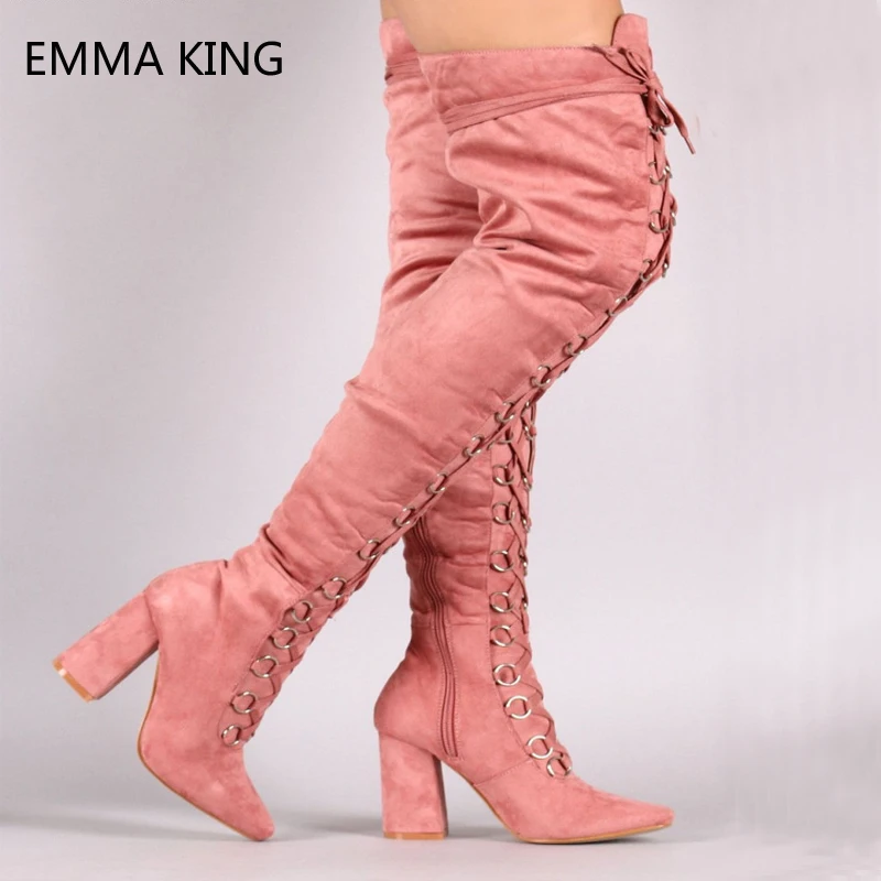 Emma king/Замшевые женские высокие сапоги на шнуровке новый стиль модные до колена