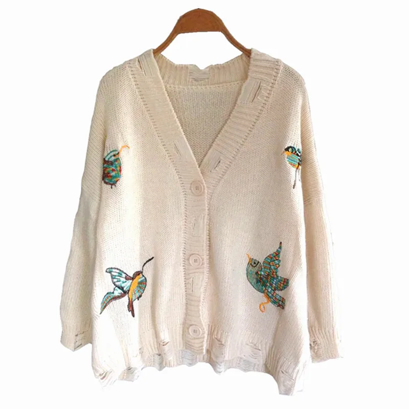 

Embroidery Colorful Birds Single Breasted Bat-wing Sleeves Knitting Cardigan Women V-neck Three Buttons Autumn Outwear FS0512