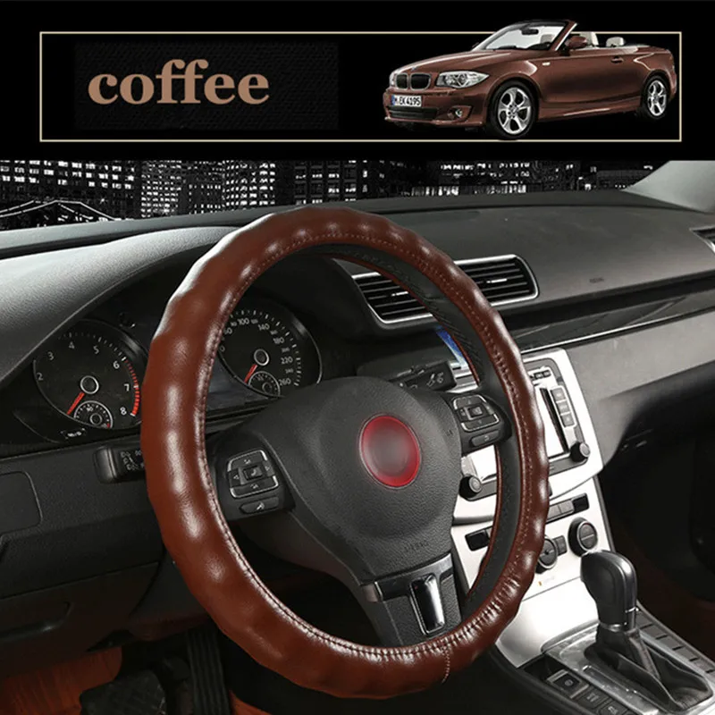 coffee Верхний слой из натуральной кожи, чехол на руль, черный, коричневый, бежевый, кофейный, серый, чехлы на руль автомобиля, Стайлинг - Название цвета: coffee