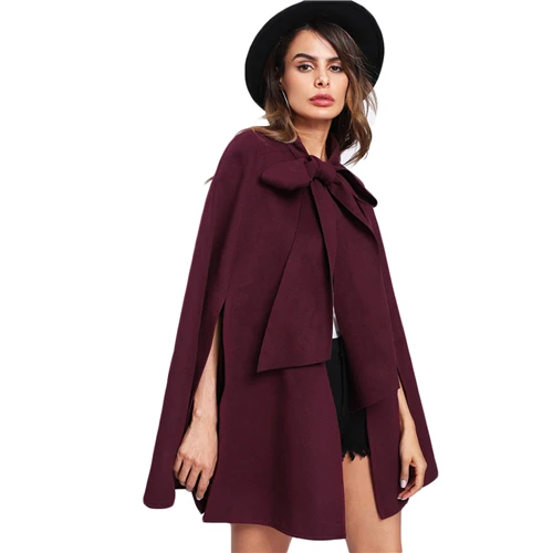 SHEIN Модное Однотонное Пончо С Бантом Элегантное Женское Осеннее Пальто С Длинными Рукавами - Цвет: Бургундия