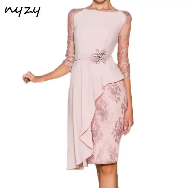 NYZY C42 Vestido коктейльные платья длиной до колена с 3/4 рукавами, асимметричная юбка, кружевное шифоновое платье для свадебной вечеринки - Цвет: Розовый
