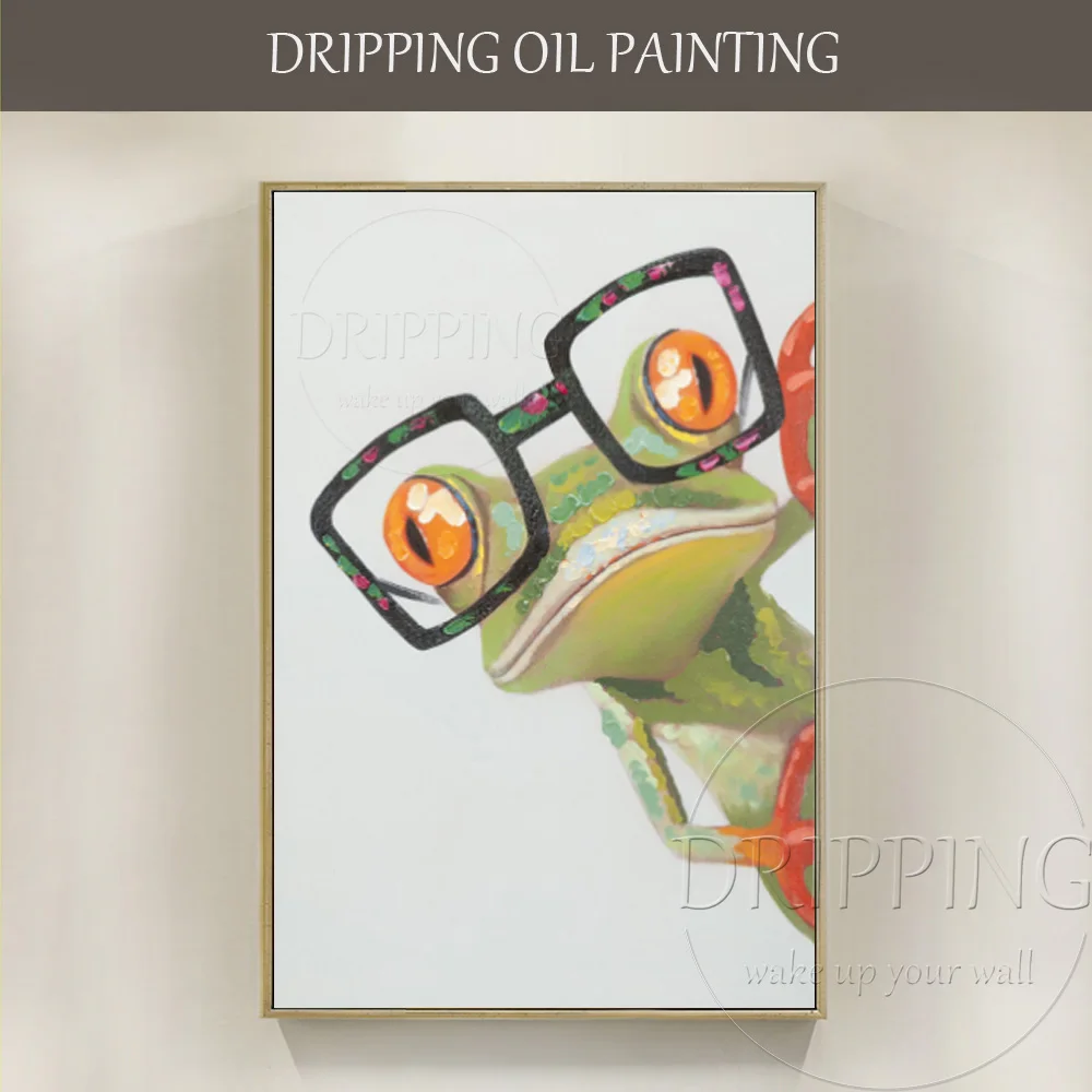 

New Arrival Hand-painted Funny Animal Frog Oil Painting on Canvas Funny Cute Frog with Glasses Oil Painting for Living Room
