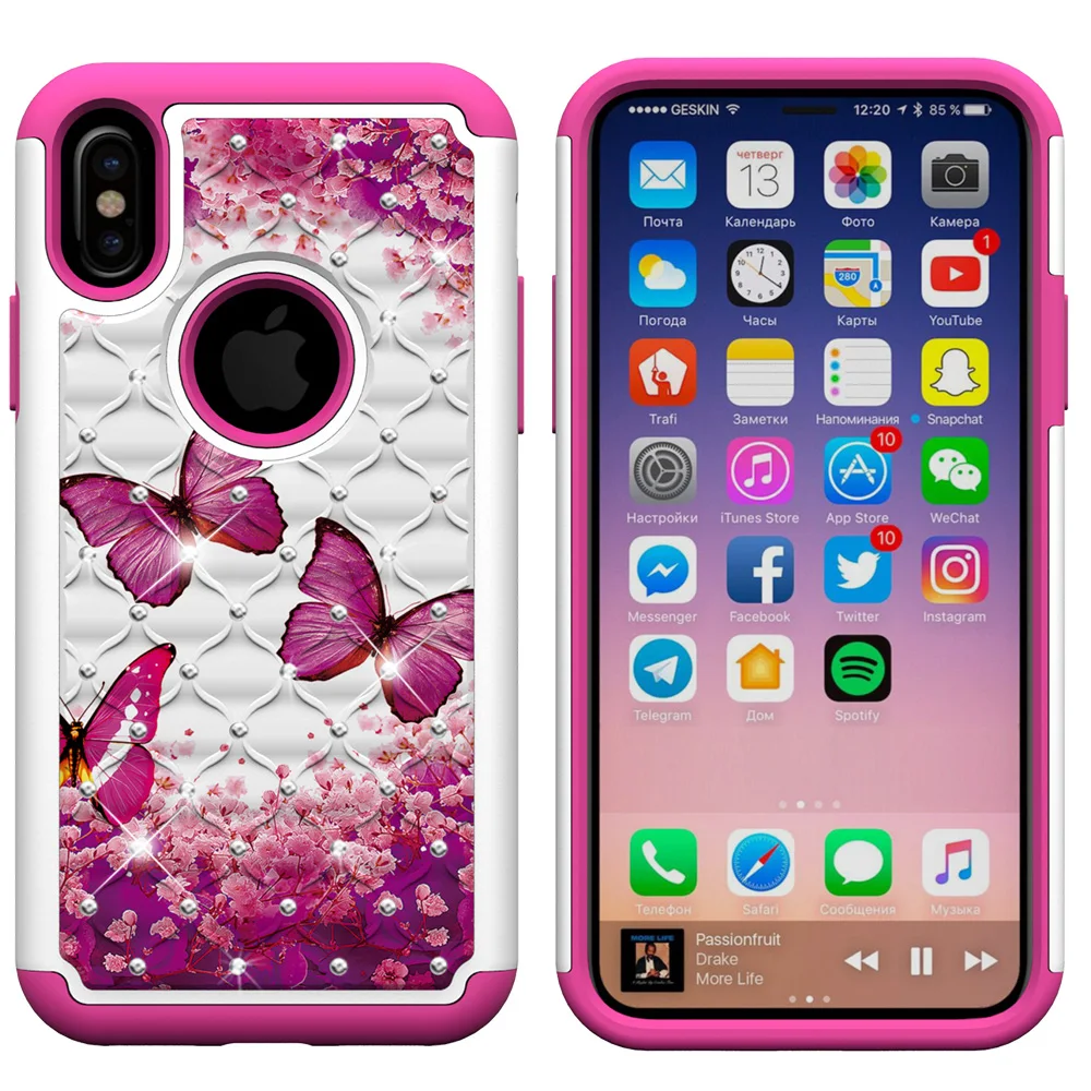 Роскошные Чехлы для iPhone X 6 7 8 Plus 6splus XS XR Max с принтом в виде сверкающих бабочек единорога цветов 2 в 1 шт+ силиконовый чехол