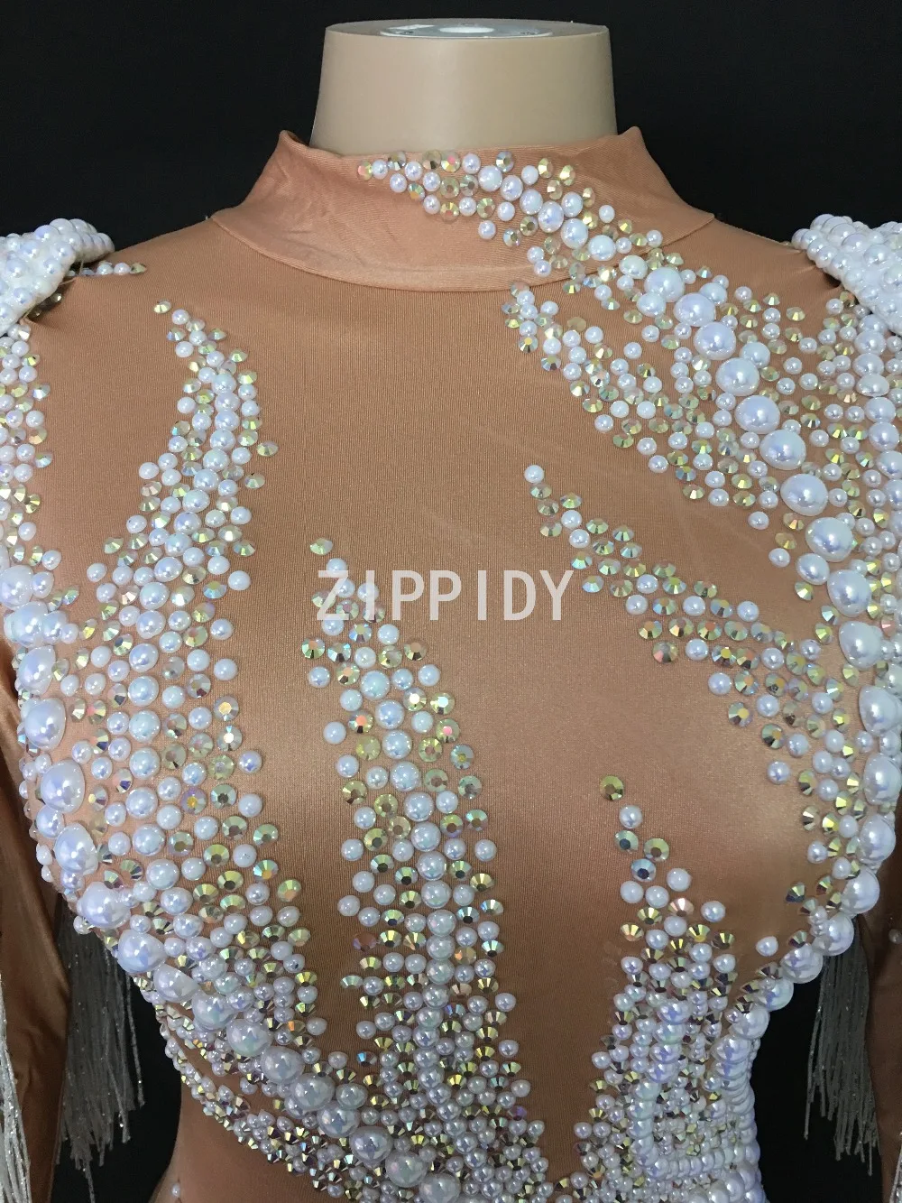 Bodysuit Women's Oufit Flashing Rhinestones Pearls Tassel Spandex Bodysuit Female Singer Dancer Costume Nightclub Party Show