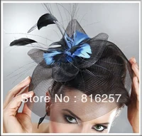 vintage black mesh veils royal blue color feather fasinctor hat very nice bridal hair accessoires cocktail headwear high quality