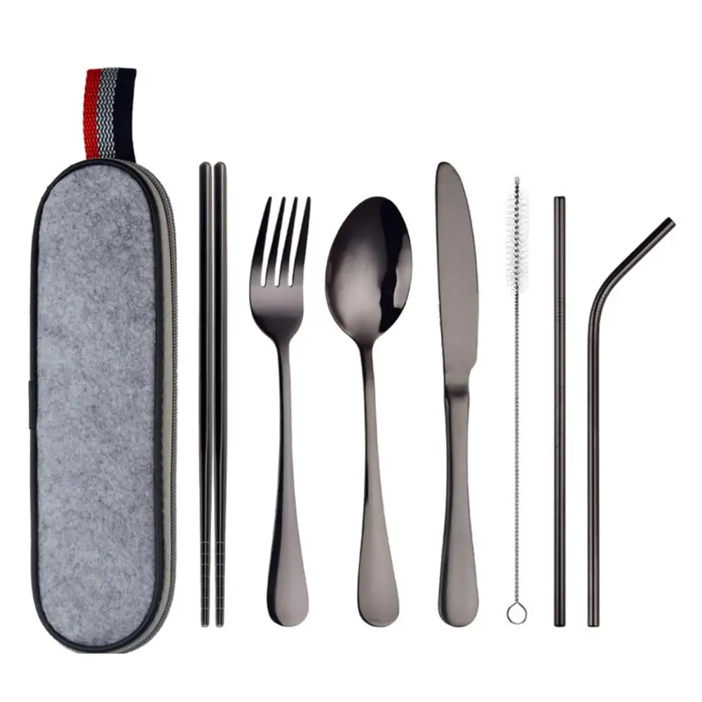 8Pcs Portable Flatware Stainless steel Spoon Chopsticks Cleaning Brush Set Silverware Travel Utensils Set with Case Straw