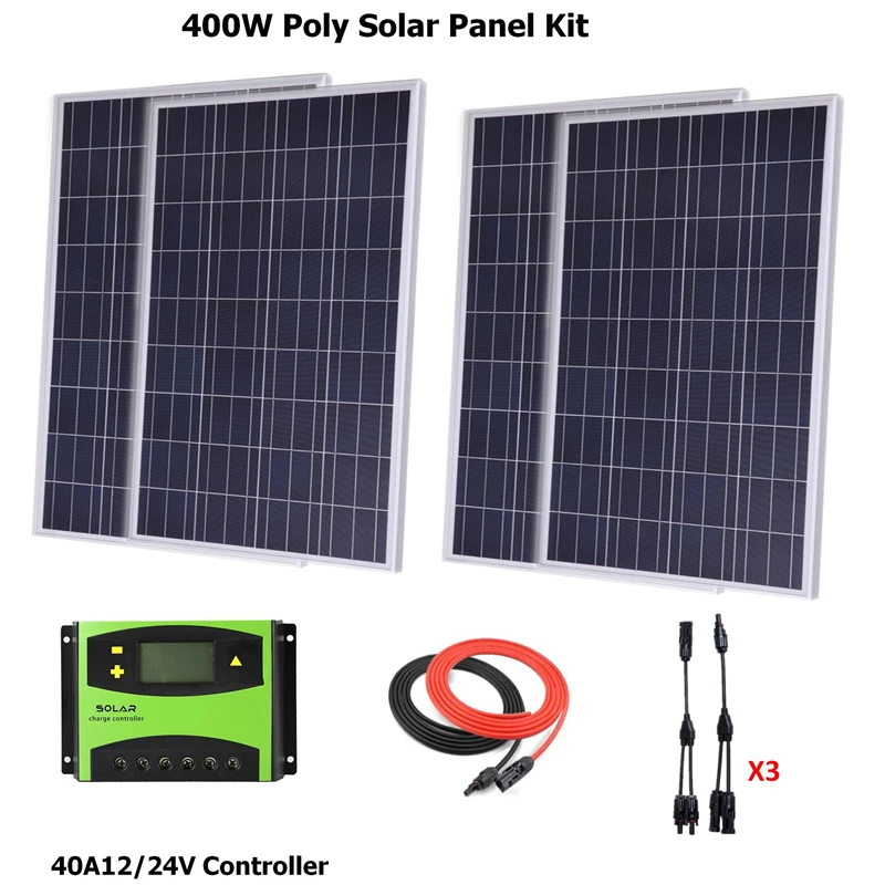 

Комплект солнечных панелей 400 Вт, поликристаллическая солнечная панель, ШИМ ЖК-контроллер заряда солнечной батареи 40 А, Солнечный Кабель, Y-р...