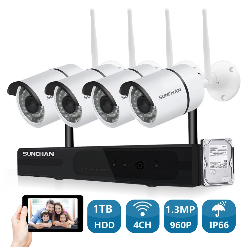 4CH CCTV система Беспроводная 1080P HD NVR 4 шт. 1.3MP 960P ИК наружная Водонепроницаемая P2P Wifi