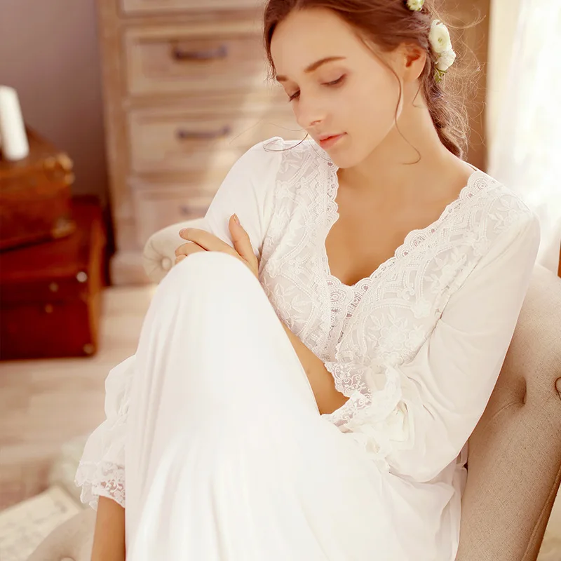 European Palace Style Vintage Night Dress Plus Size Lace Sleepwear New Spring Long Pink Cotton Nightgowns Elegant Home | Женская одежда