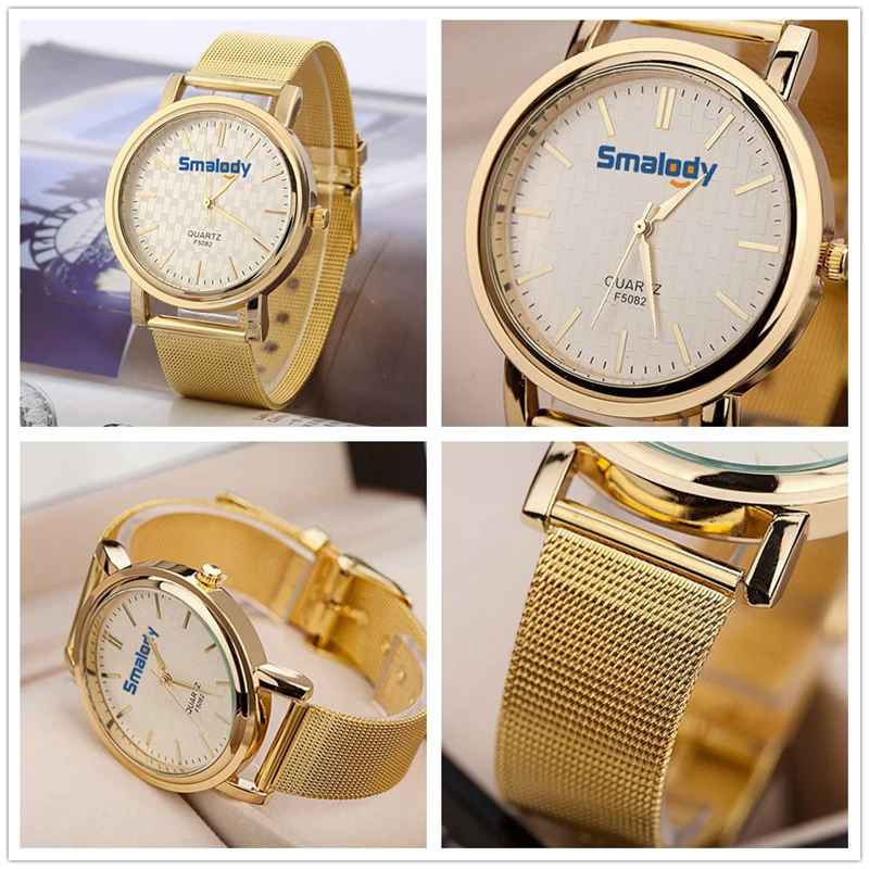 Smalody кварцевые повседневные Роскошные мужские часы F5082 яркая золотая полоса Wirstwatch бренд металлическая сетка часы из нержавеющей стали часы браслет