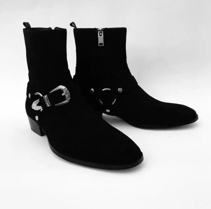 2019 FR.LANCELO Black Soft Genuine Leather Metal Buckle Cross Men Boots Chelsea Flats Zipper Shoes Mens Zapatillas | Обувь