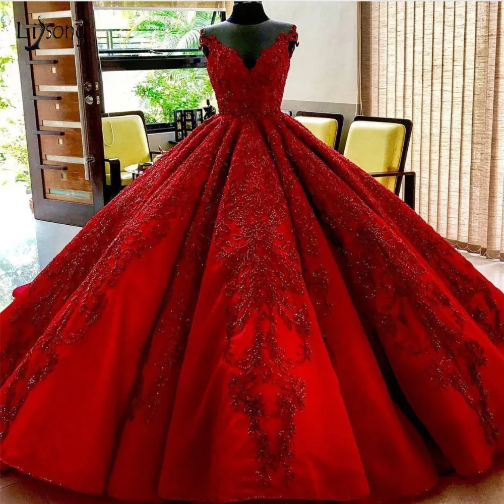 

Luxury Red Beaded Wedding Dresses 2019 Saudi Arabic Puffy Ball Gowns Lace Appliques Bridal Gowns Royal Train Robe De Mariee