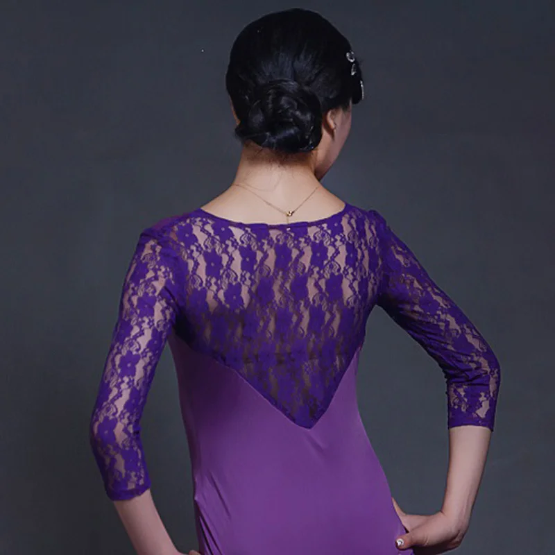 Purple Top Для женщин танец черные топы Кружевная рубашка для бальные танцы, вальс/Одежда для танго дамы бальных танцев спортивная одежда топы BL1739 - Цвет: Purple Top