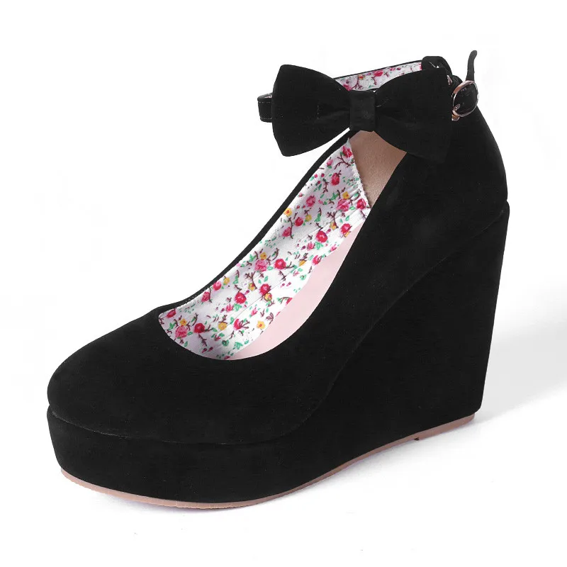 MVP BOY Women High Heels Shoes Plus Size Platform Wedges Female Pumps Elegant Flock Buckle Bowtie Ankle Strap Party Wedding | Обувь