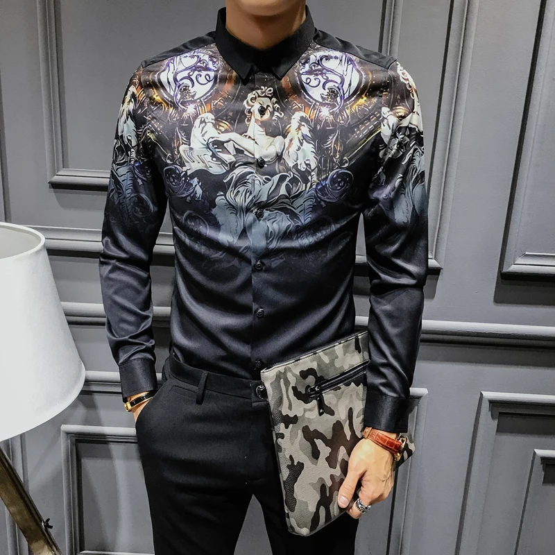 Новое Барокко рубашки мужские роскошные узорчатые вечерние с принтом Camisa Masculina