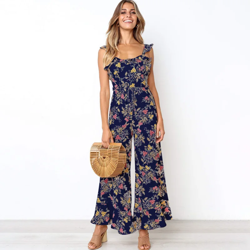 Женский шифоновый комбинезон на бретельках с цветочным принтом Летний оборками
