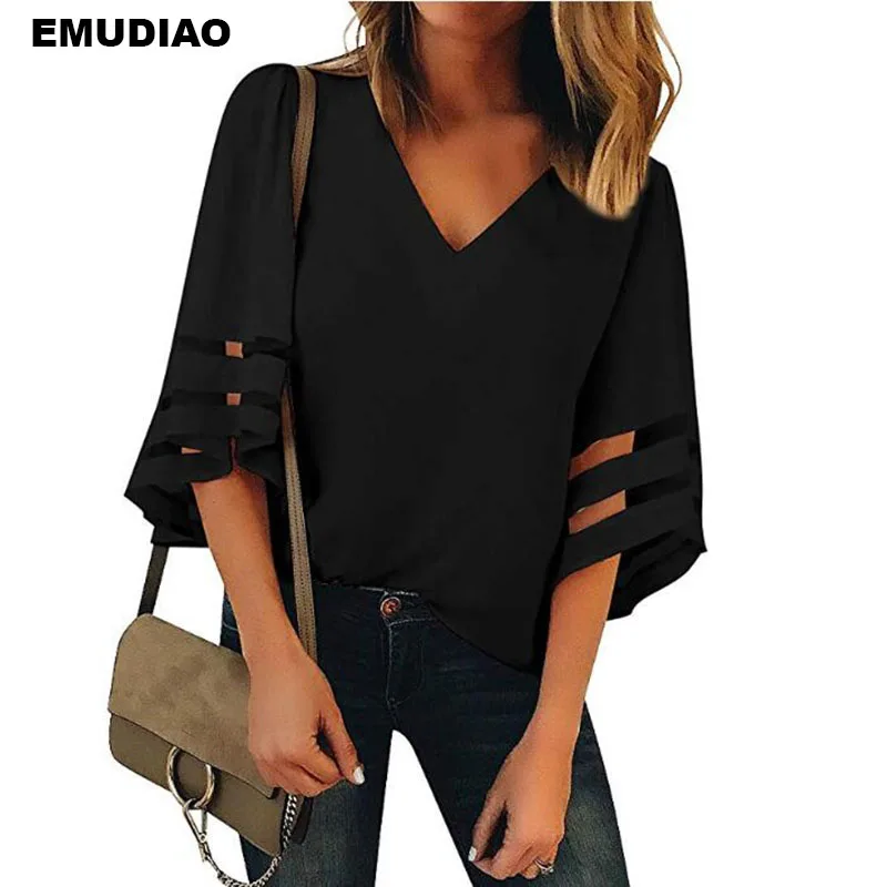 Plus Size S-XXXXXL Mesh Patchwork V-neck Flared Sleeves Solid Chiffon Blouses Women Summer Fashion Loose Shirt |