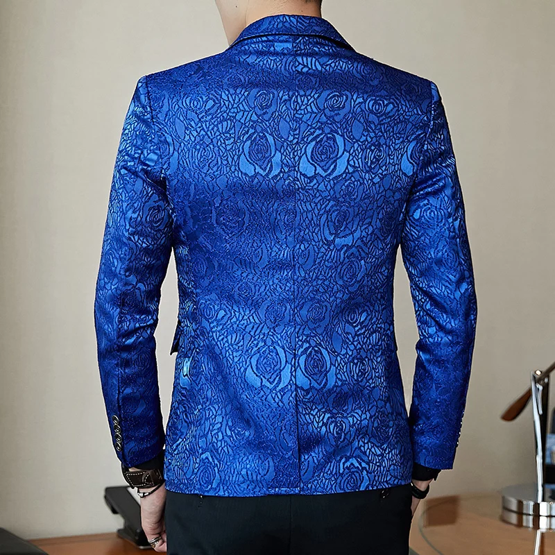 Blazer Business Casual Party Wedding Suit Coat Royal Blue Black Promo for Men Rose Jaquard Print Slim Fit Stylish | Мужская одежда