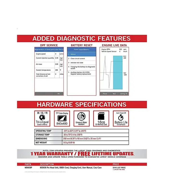 Autel MD808 Pro с 5 футовым удлинительным кабелем все системы OBDII сканер (Advanced MaxiCheck и MD802)