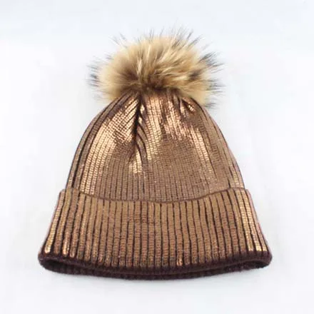 Зимние шапки из меха норки для женщин, розовые женские шапки Skullies Beanies с натуральным мехом енота, шапка с помпоном, Женская Вязаная Шапка-бини - Цвет: Коричневый