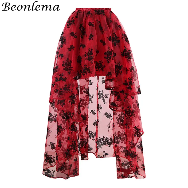 Женская сетчатая юбка Beonlema красная длинная длиной до пола 6XL с цветочным принтом