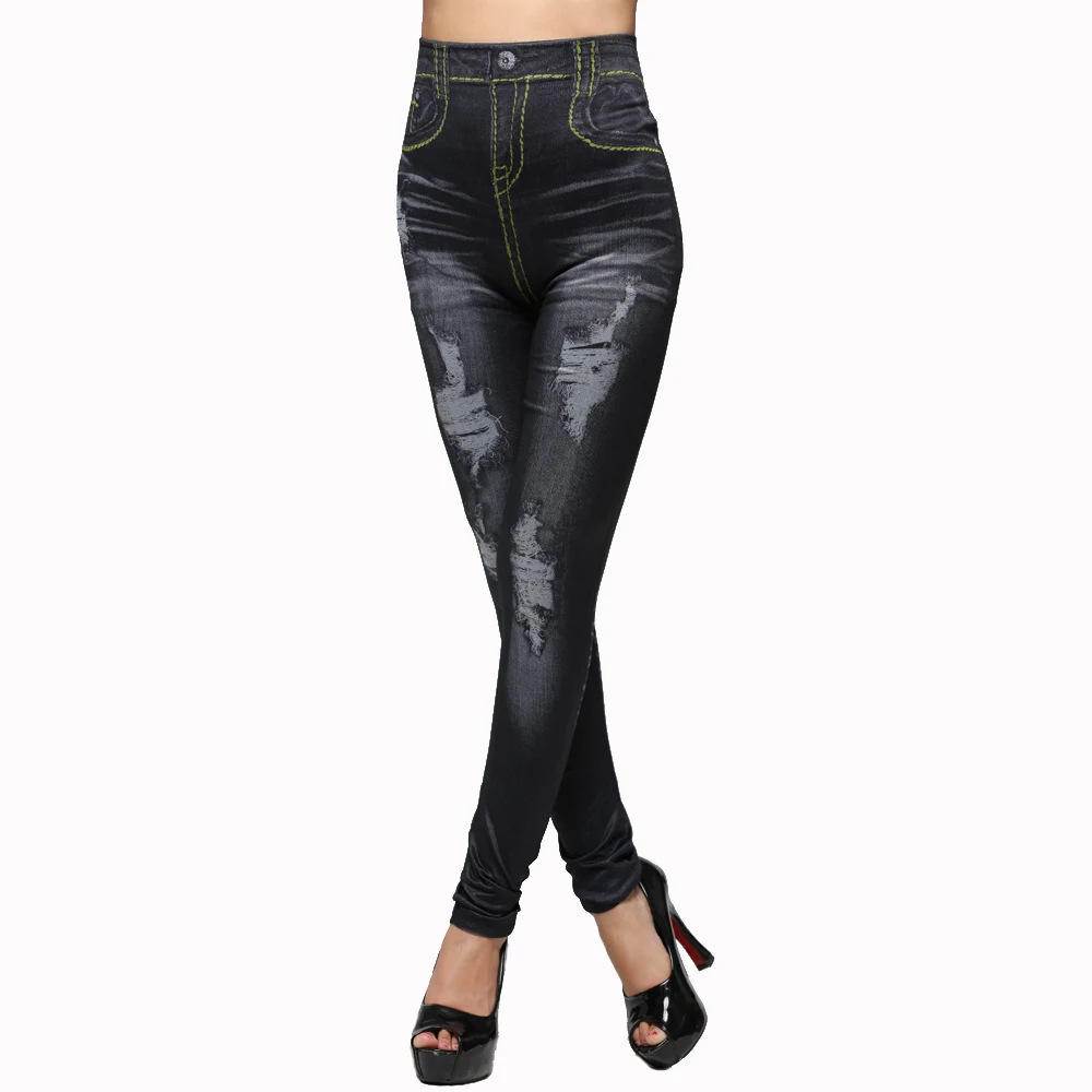 

Jeans Woman 2017 Lady Sexy False Hole Ninth Cotton Blend Pants Imitation Jeans Leggings Pencil Pant Black Jeans for women