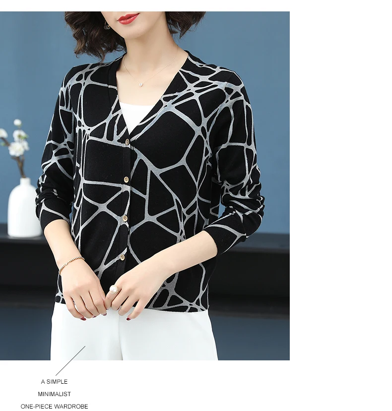 ASLTW Autumn Printed Sweater Women New Fashion Geometric V Neck Cardigan Female Plus Size Knitted Top Jumper Sweater