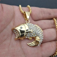 hip hop ice out bling fish pendants necklaces for womenmen gold color stainless steel animal jewelry cute dropshipping xl1026