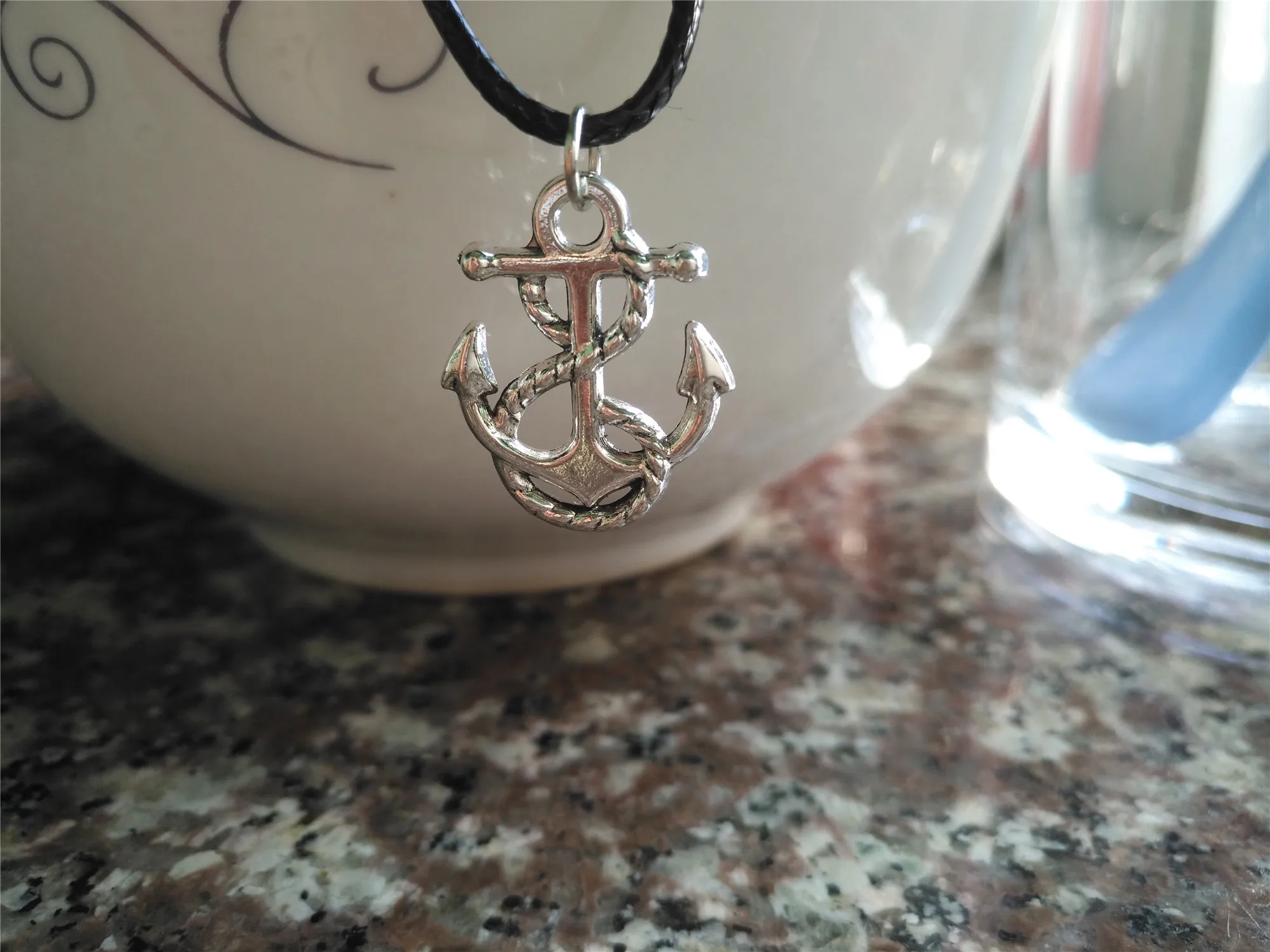 

New Nautical amulet lucky Tiny Boat Anchor charm Necklace Sideways Mens Navy beach Boat Hooks pendant leather Necklace jewelry