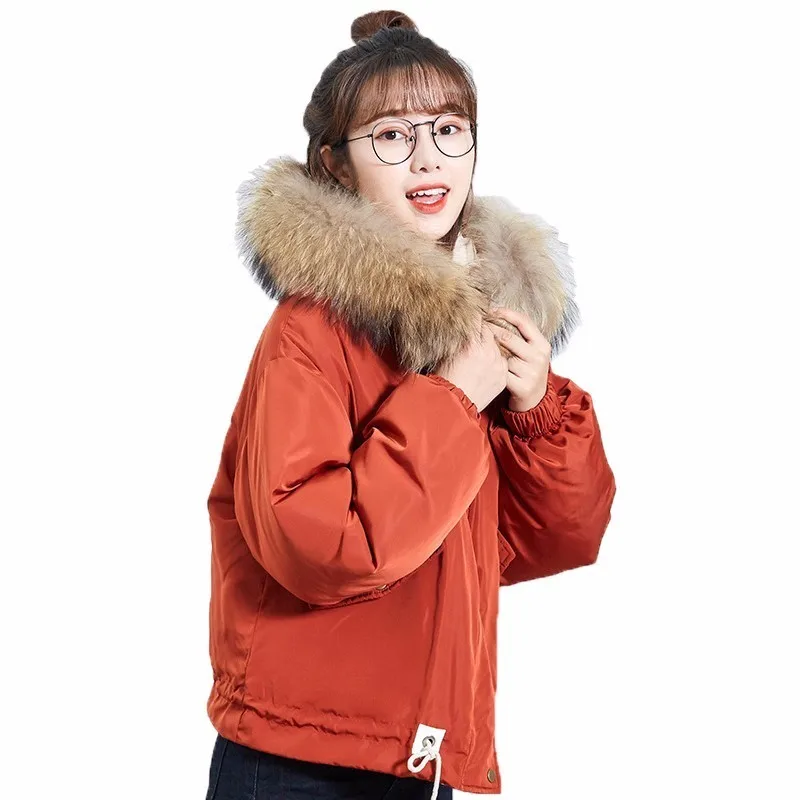 

2018 Winter New Sweet Thicken Short Down Jackets Girl's Student Loose White Duck Down Coat Natural Raccon Fur Hooded Outerwears