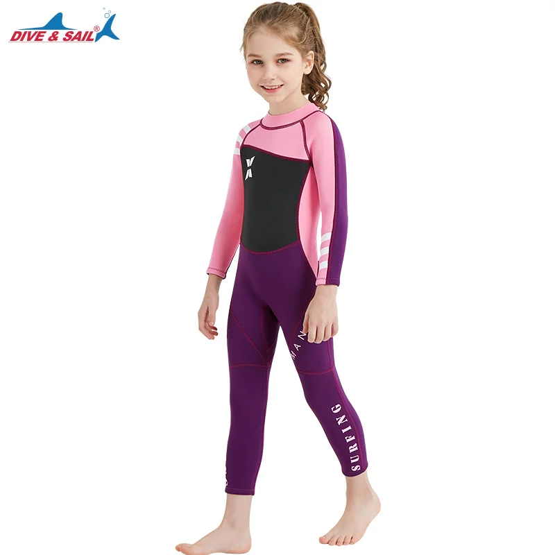 

2018 Spring Kids Wetsuit 2.5mm Neoprene Wet Suits Full Body One-piece Back Zip Long Sleeve Swimwear Swimsuit Pink Purple Girls