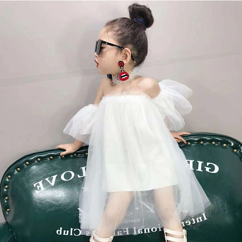 Summer Casual Baby Girls Solid Pattern Off-shoulder Sleeveless Mesh Fairy Dress Cotton Kids Toddler Sundress Super Pretty LT | Детская