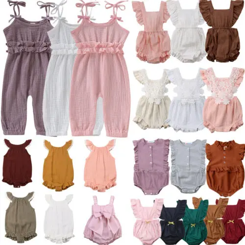 Комбинезон Pudcoco для девочек однотонный без рукавов с оборками | Мать и ребенок