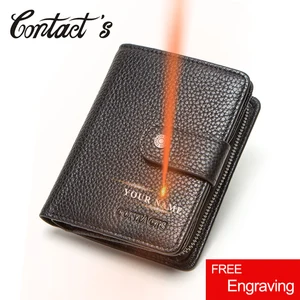 Кошелек Contact's мужской из натуральной кожи, маленький бумажник на молнии с Rfid-защитой и бесплатной гравировкой