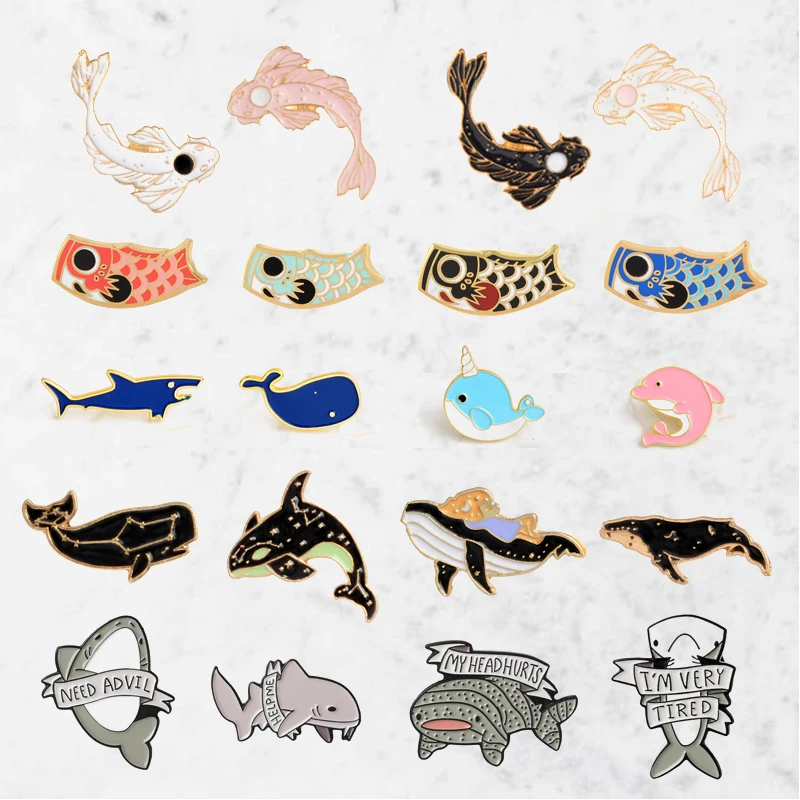 

MINGQI Creative Alloy Animal Brooch Fish Shark Squid Whale Dolphin Black and White Koi Enamel Brooch Pin Badge Woman Jewelry