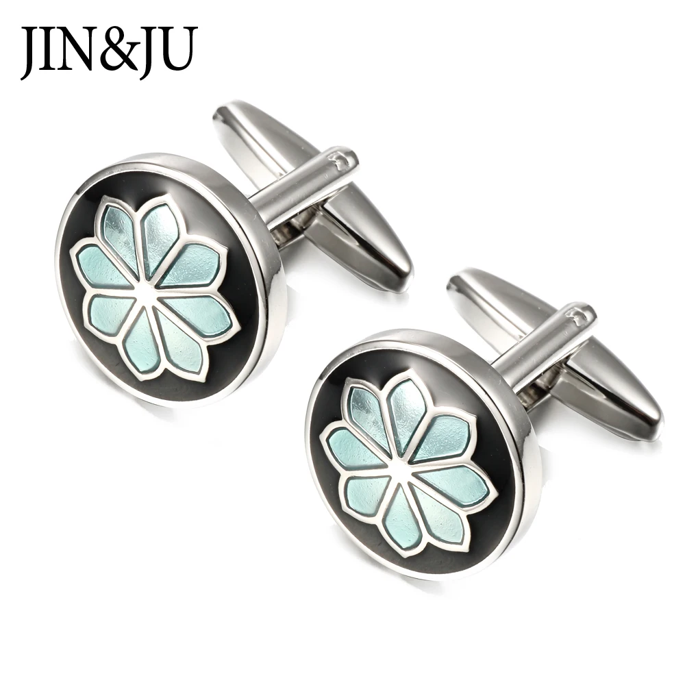 JIN & JU новейшие круглые Синие запонки в форме цветов для мужчин из нержавеющей