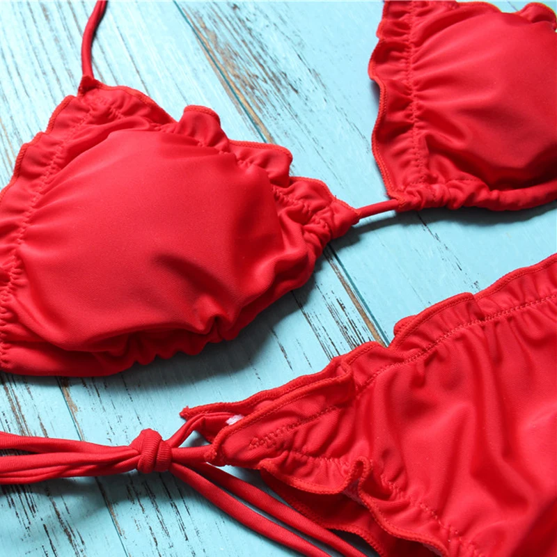 Lovey Village 2017 Brazilian Bikini Red Swimwear Swimsuit Women Leaf Set New Bathing Suit Female |