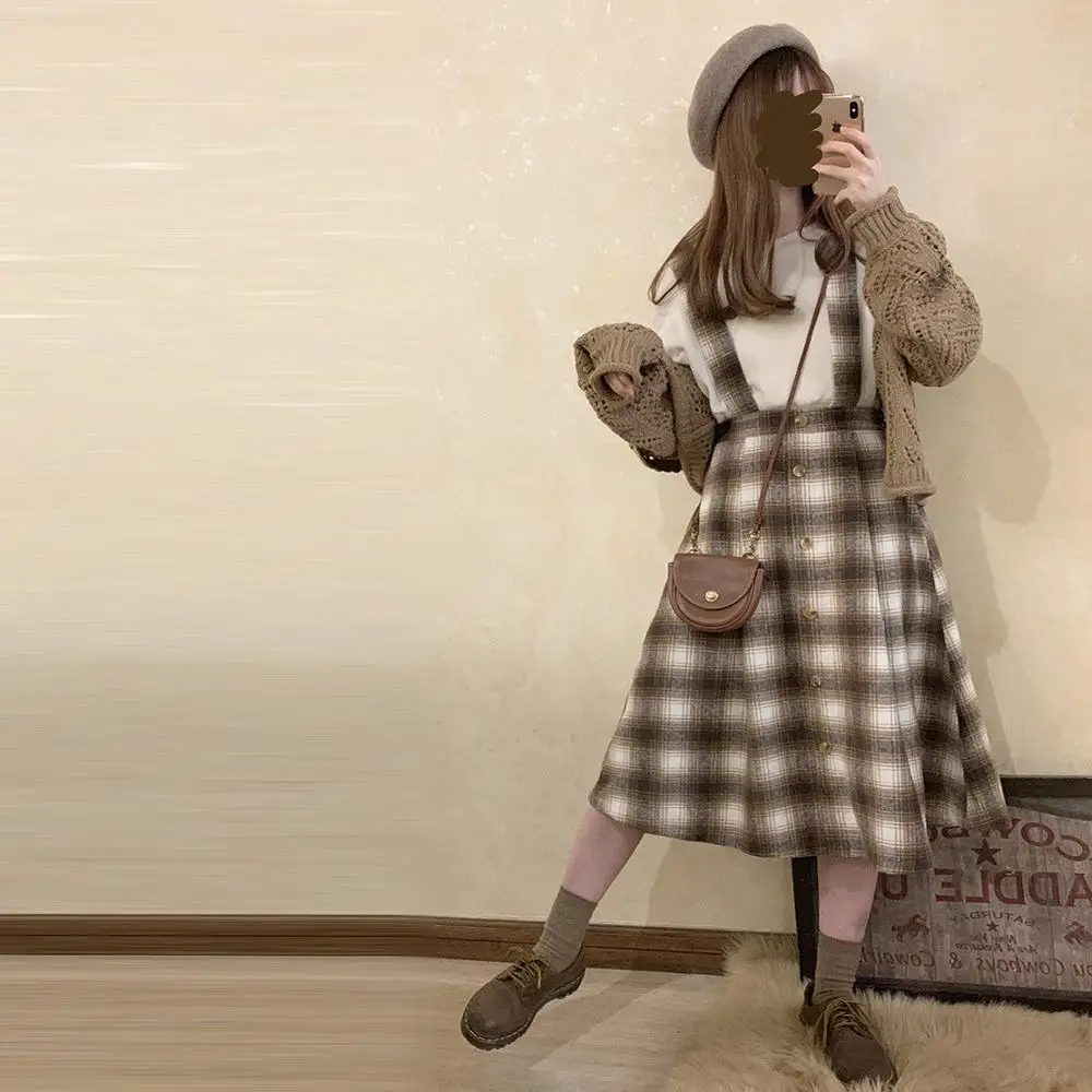 Женский шерстяной комбинезон в клетку длинная трапециевидная Юбка До Колена с