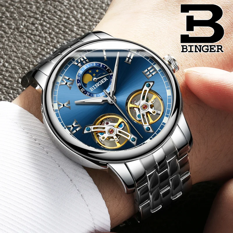 2019 NEW BINGER Unique Design Style Double Tourbillon Skeleton Watch Full Steel Casual Men Mechanical Watches Automatic | Наручные часы