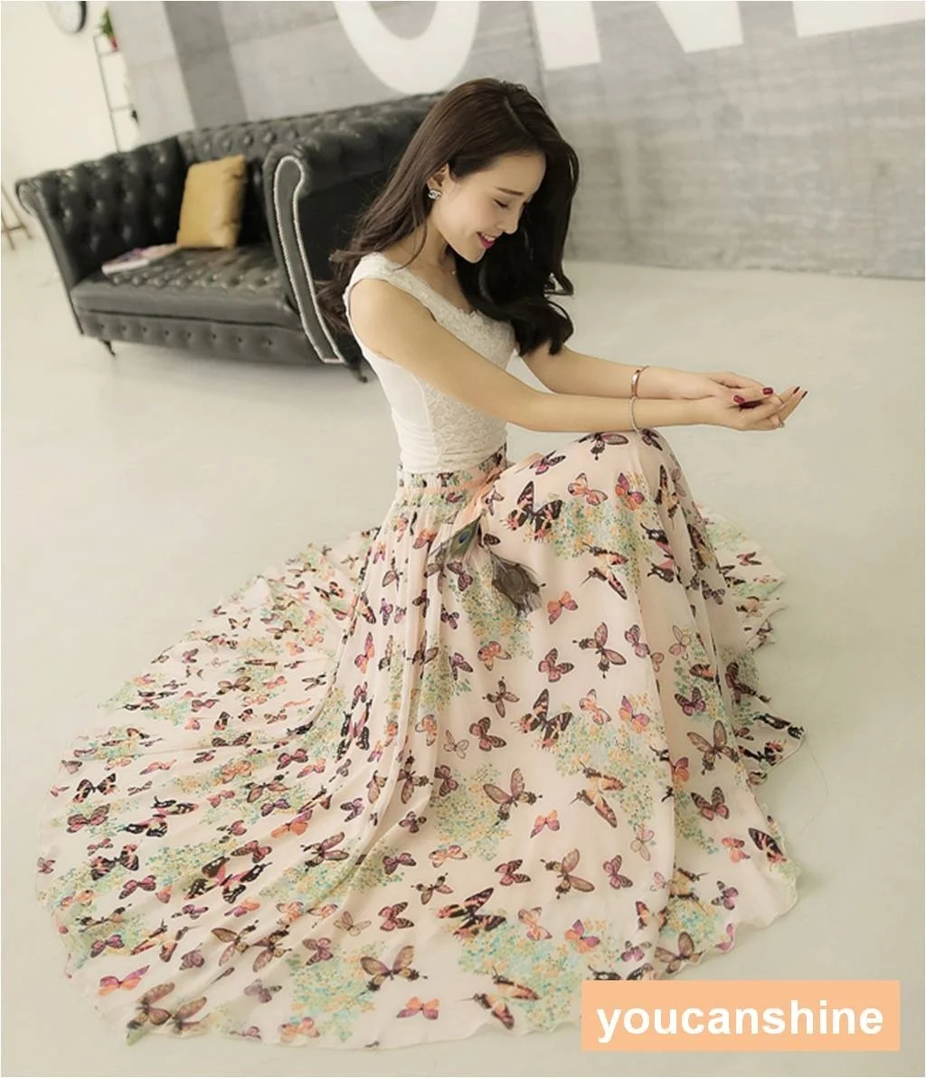 Womens Pleated Boho Bohemia Beach Flower 2 Layer Elastic Waist Long Skirt New | Женская одежда