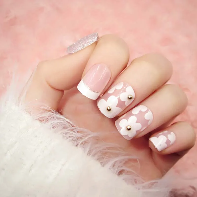 3D накладные ногти для девочек летняя мода полное покрытие белый наклейки ногтей