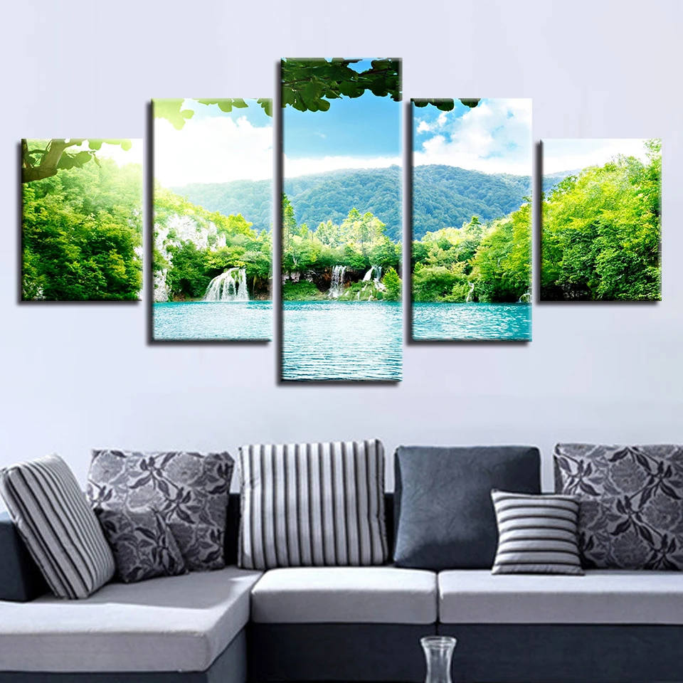 Настенная картина Декор HD Печать искусство 5 шт. водопад Зеленая гора зеленый лес