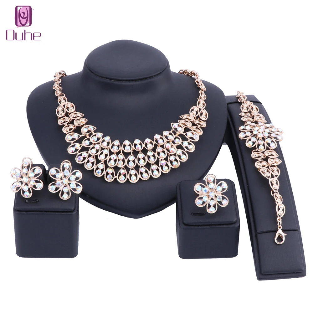 

Luxury Women Party Statement Rhinestones Necklace Earrings Bracelet Ring Bride Wedding Jewelry Sets