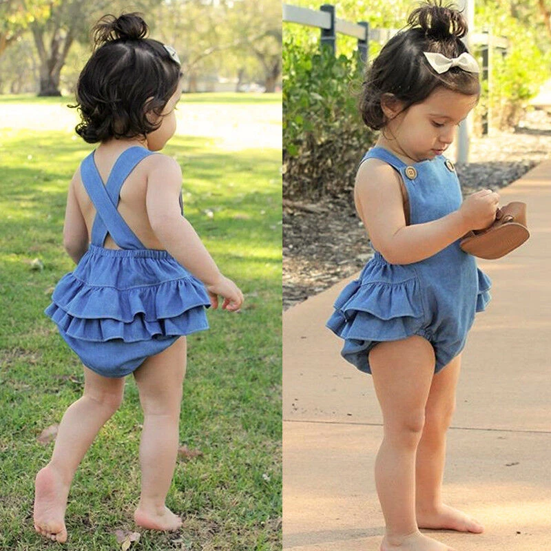 Sleeveless Infant Newborn Baby Girls Denim Romper Jumpsuit New Fashion Summer Ruffle Playsuit Girl Clothes Outfits 0-24M | Мать и ребенок