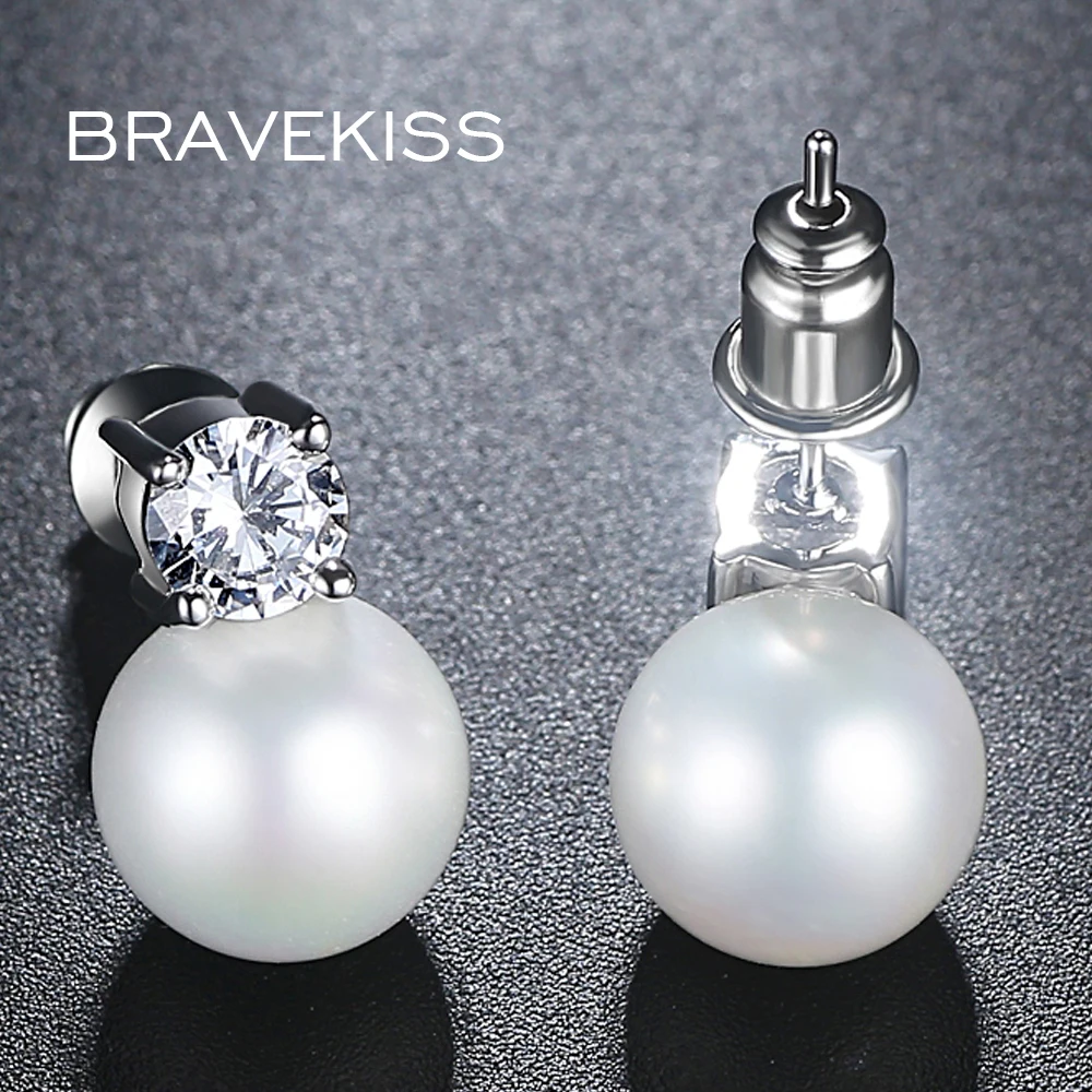 Женские серьги гвоздики BRAVEKISS с белым цирконием и жемчугом аксессуары из камней