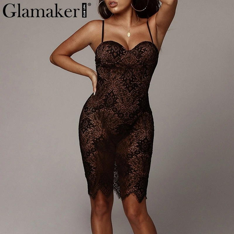 Женское кружевное платье Glamaker черное винтажное облегающее средней длины для