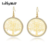 longway 2019 fashion big round drangle earrings for women gold color tree of life earrings crystal jewelry ser160002
