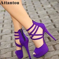 plus size 35 to 43 platform purple bandage sandals lace up thin high heel summer shoes women suede leather zipper pumps