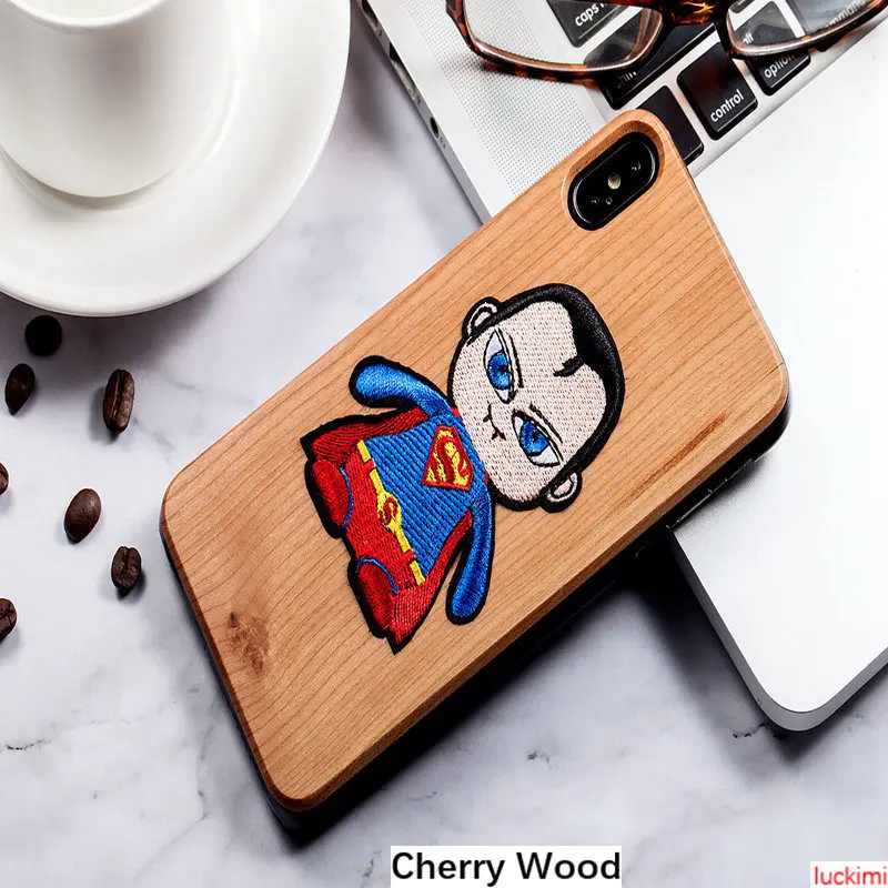 For iphone 6 7 8 6S Plus X Xs Xr Max Superman peach cherry wood Bamboo embroidery Nature Material Phone case cover |