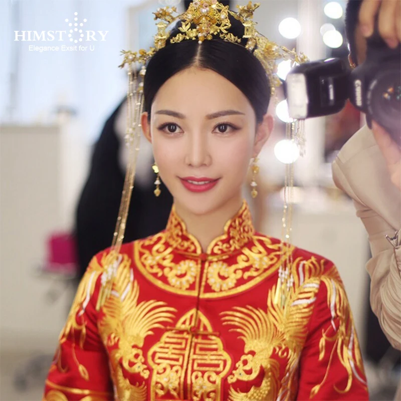 

HIMSTORY New Chinese Claasical Bride Headdress Costume Retro Hairpin Gold Orient Bride Wedding Coronet Hair Accessories